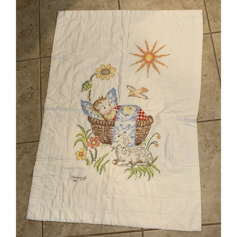 Vintage Hand Embroidered Cross Stitch Baby Nursery Scene Lamb Basket Floral